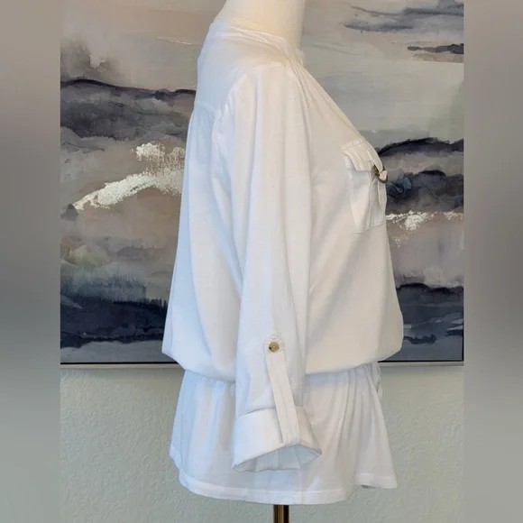 Michael Kors White Cotton Utility Shirt with Gold MK Hardware & Drawstring Waist - Picture 12 of 16